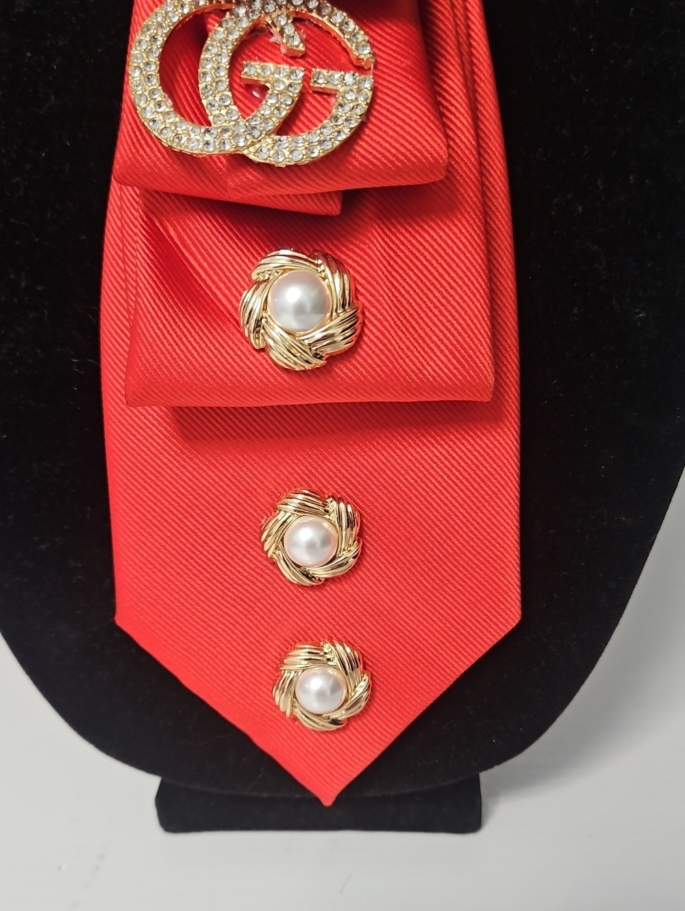 Upcycled Orange-Red Necktie Necklace with Gold Bee Brooch, GG and Pearl Accents - Picture 3 of 6